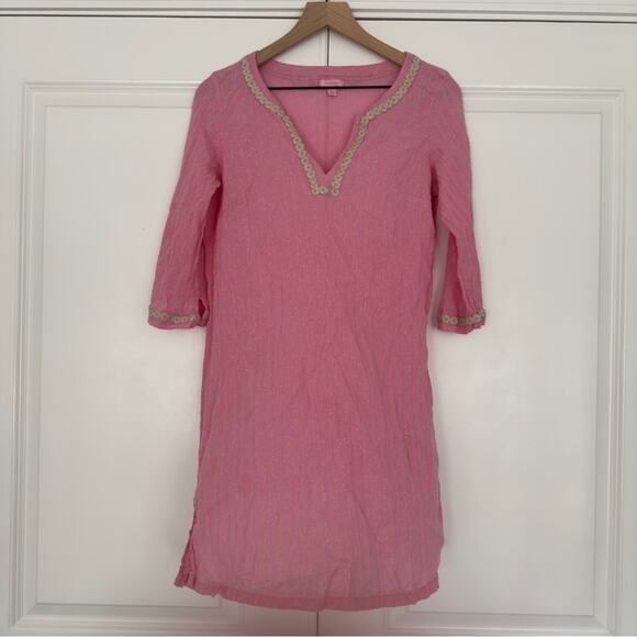 Lilly Pulitzer Pink Gold Metallic Tunic Dress 3/4 Sleeve Slit Embroidered Lace L - threedaughtersproperties.com Lilly Pulitzer Pink Gold Metallic Tunic Dress 3/4 Sleeve Slit Embroidered Lace L - threedaughtersproperties.com
